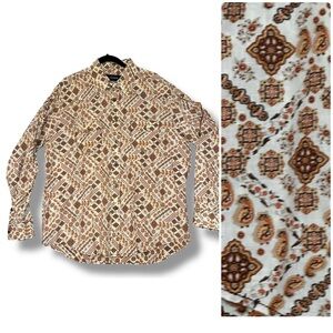 Jeffrey Campbell Button Down Retro 70s V-Yoke Cotton Shirt XL Cream Tan